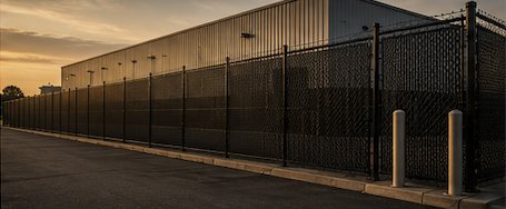 Black chain-link fence with privacy slats at a commercial site