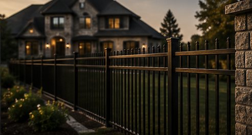 Black aluminum fence in front of a brick estate home