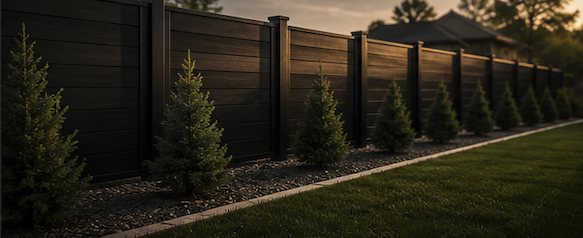 Dark composite privacy fence lining a landscaped backyard