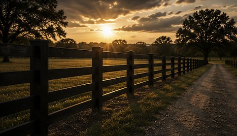 Three-rail wood ranch fence along a country lane at sunset