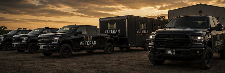 Veteran Fence Co. trucks and trailer at a job site