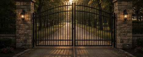 Wrought-iron driveway gate between stone columns