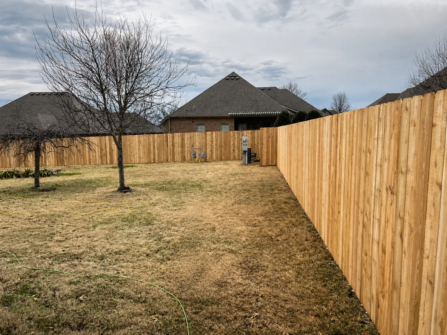 Cedar privacy fence around a backyard